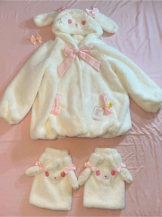 NWT Kawaii Huhu EGL Lolita White & Pink Bunny Hooded Coat + Leg Warmers Set - Picture 1 of 9